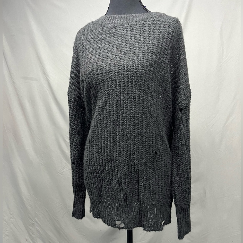 Arizona Jean Co Cozy Distressed Knit Sweater Grey